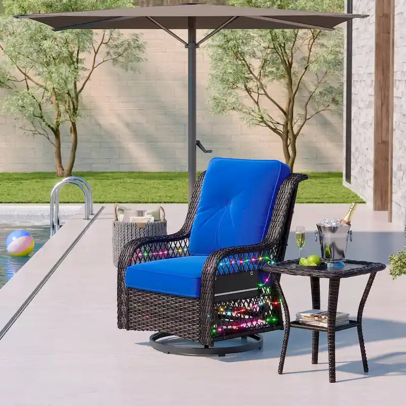 3-Piece LED Lighting Swivel Wicker Rattan Outdoor Rocking Chairs Set with Cushions and Side Table