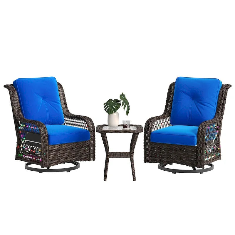 3-Piece LED Lighting Swivel Wicker Rattan Outdoor Rocking Chairs Set with Cushions and Side Table