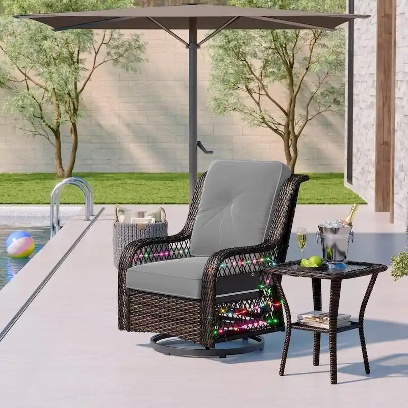 3-Piece LED Lighting Swivel Wicker Rattan Outdoor Rocking Chairs Set with Cushions and Side Table