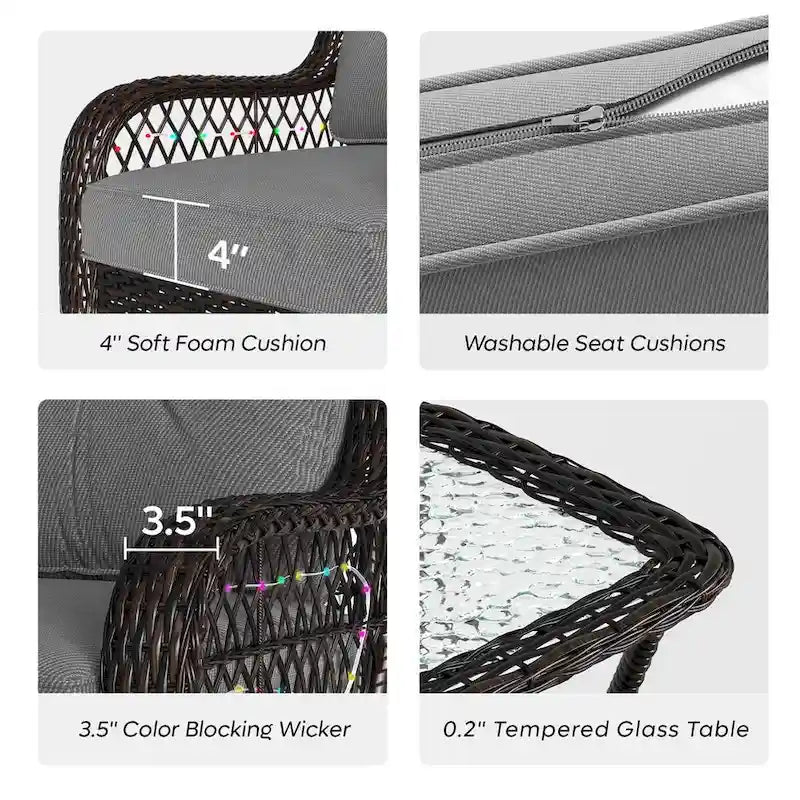 3-Piece LED Lighting Swivel Wicker Rattan Outdoor Rocking Chairs Set with Cushions and Side Table