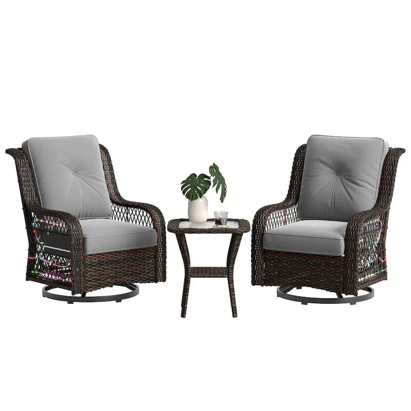 3-Piece LED Lighting Swivel Wicker Rattan Outdoor Rocking Chairs Set with Cushions and Side Table