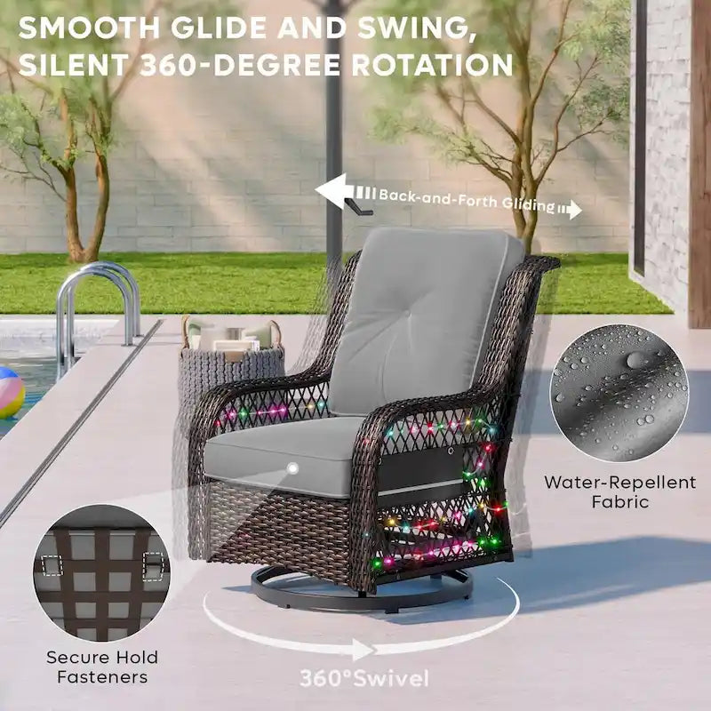 3-Piece LED Lighting Swivel Wicker Rattan Outdoor Rocking Chairs Set with Cushions and Side Table