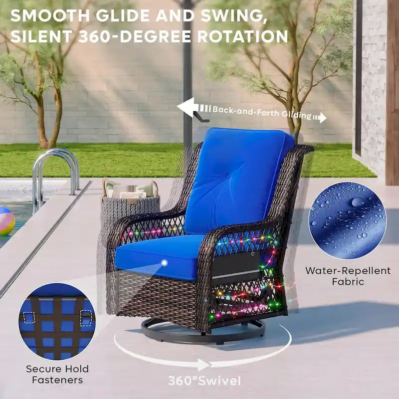 3-Piece LED Lighting Swivel Wicker Rattan Outdoor Rocking Chairs Set with Cushions and Side Table