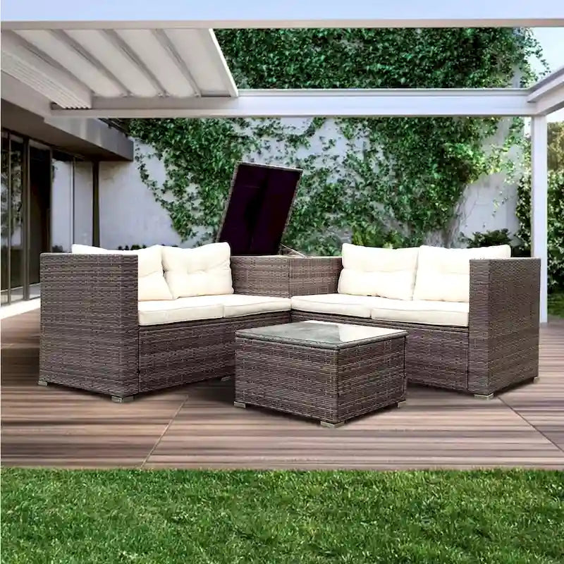 4 Piece Patio Sectional Wicker Rattan Outdoor Furniture Sofa Set with Storage Box