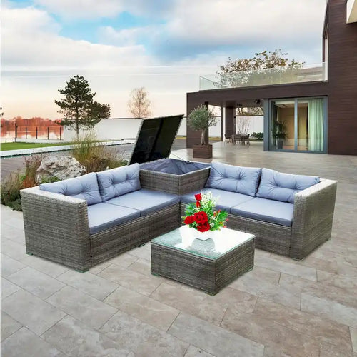 4 Piece Patio Sectional Wicker Rattan Outdoor Furniture Sofa Set with Storage Box