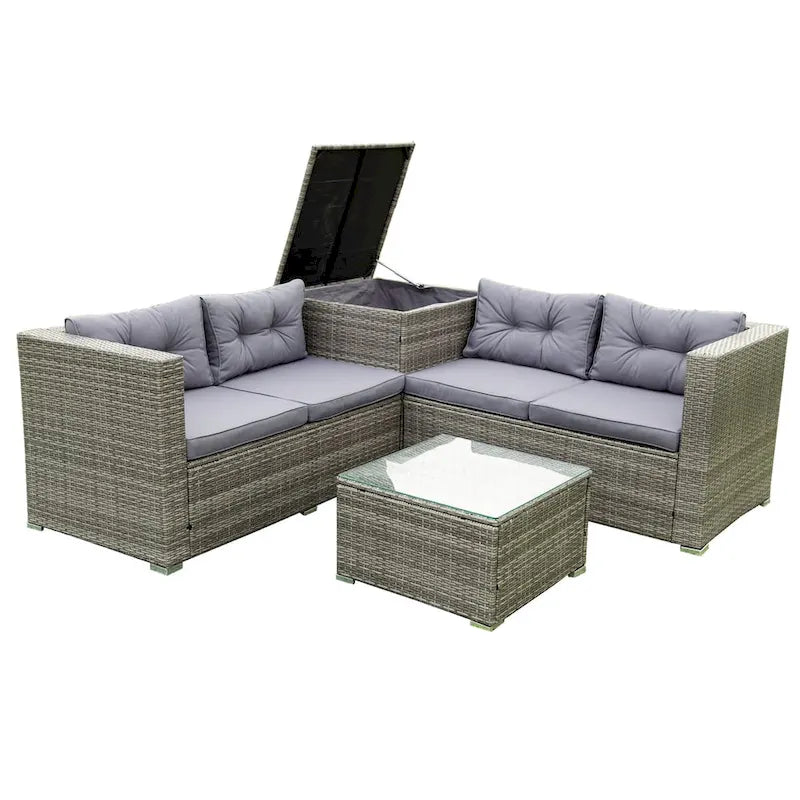 4 Piece Patio Sectional Wicker Rattan Outdoor Furniture Sofa Set with Storage Box