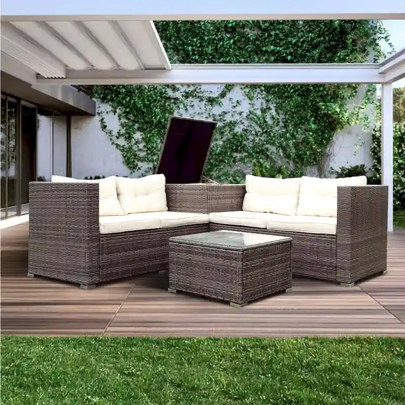 4 Piece Patio Sectional Wicker Rattan Outdoor Furniture Sofa Set with Storage Box