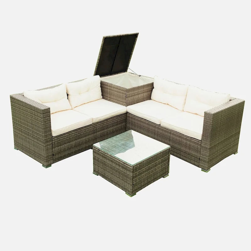 4 Piece Patio Sectional Wicker Rattan Outdoor Furniture Sofa Set with Storage Box
