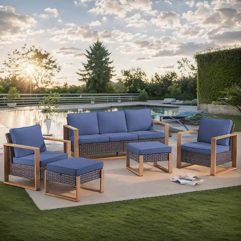 Gymojoy PE Rattan Chairs with Sofa Ottoman Set - Brown