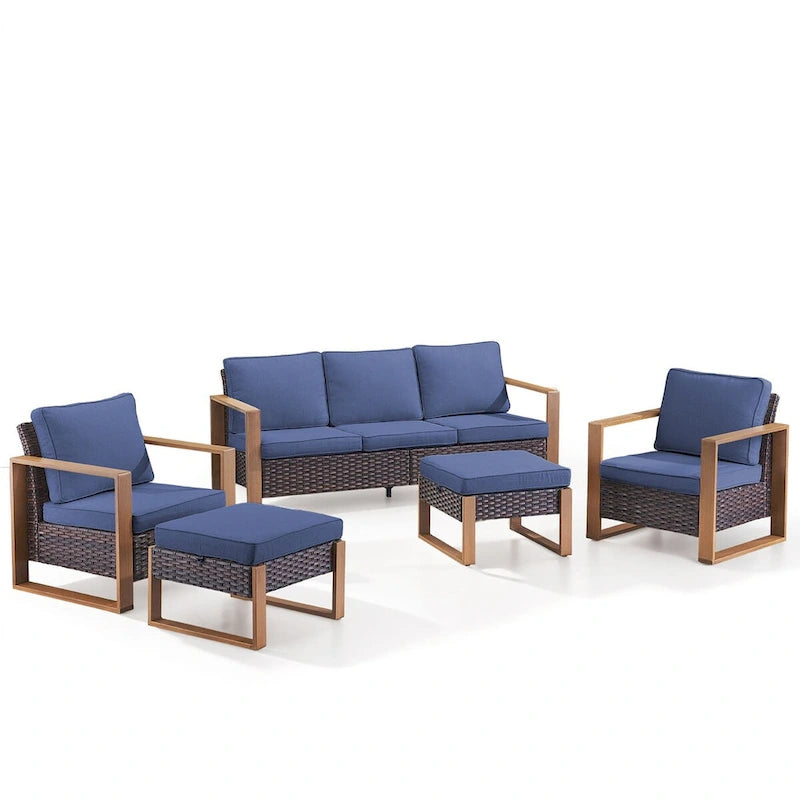 Gymojoy PE Rattan Chairs with Sofa Ottoman Set - Brown