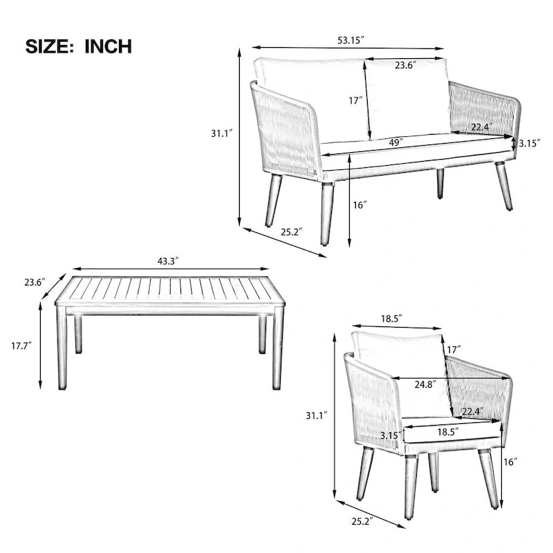 4-Piece Outdoor Patio Conversation Set with Table,Cushions, for Backyard