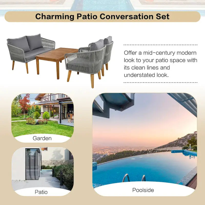 4-Piece Outdoor Patio Conversation Set with Table,Cushions, for Backyard
