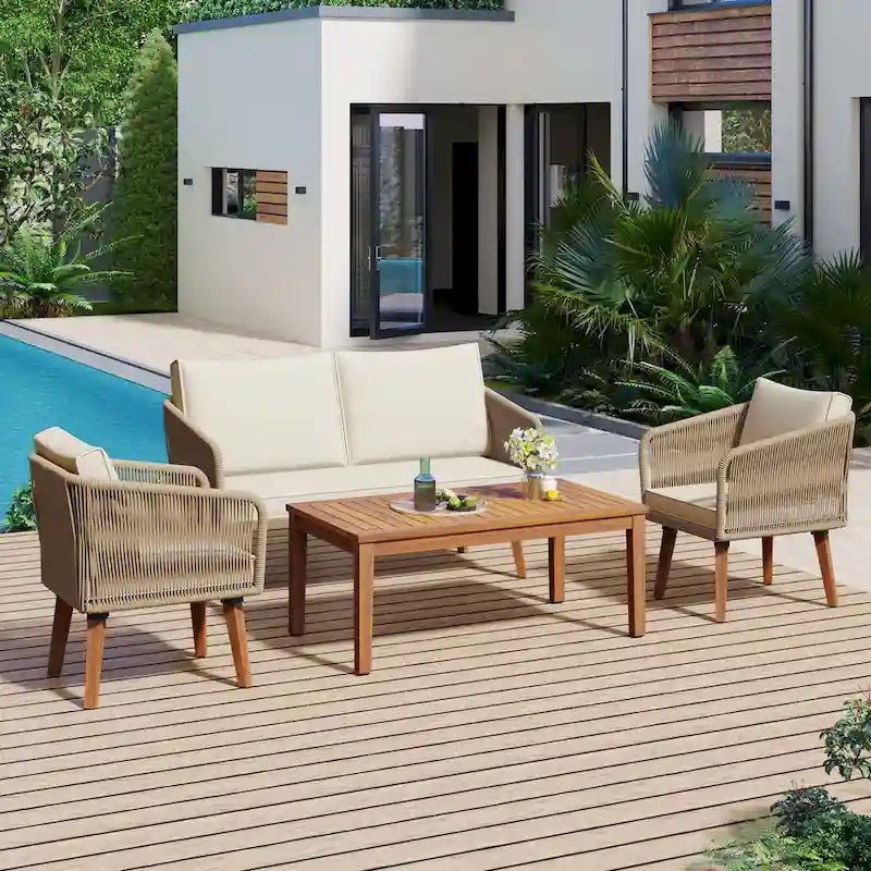 4-Piece Outdoor Patio Conversation Set with Table,Cushions, for Backyard