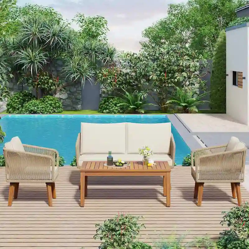 4-Piece Outdoor Patio Conversation Set with Table,Cushions, for Backyard