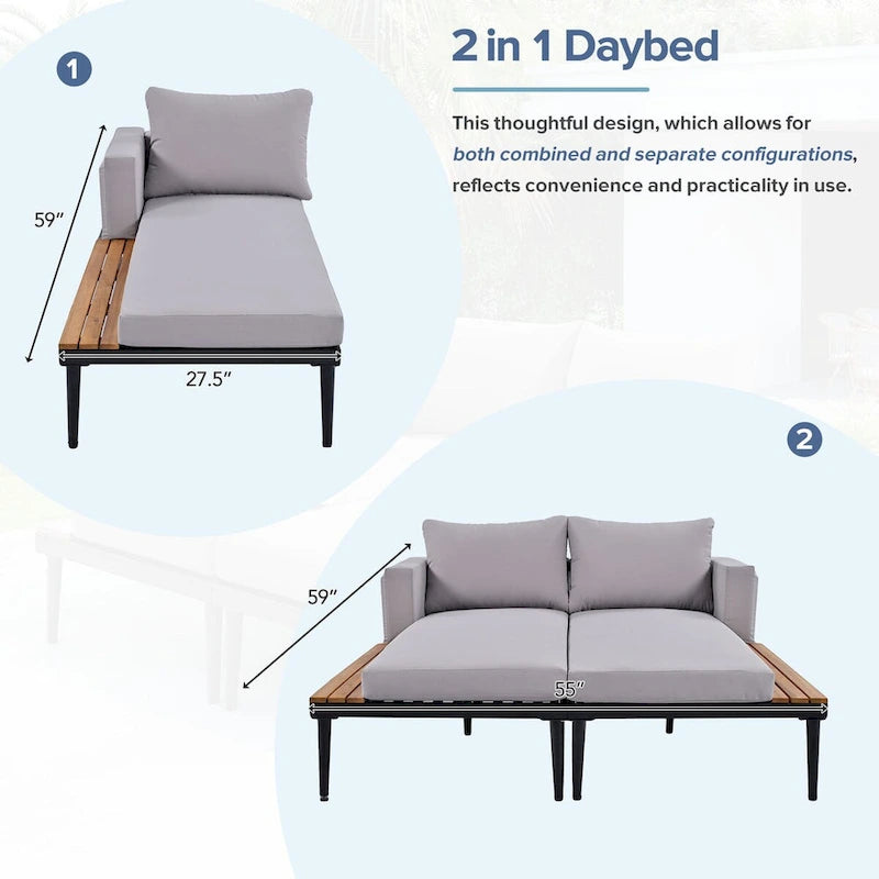 Outdoor Patio Daybed with Acacia Wood Topped Side Spaces, 2-in-1 Design, Adjustable Leg Supports, and Washable Cushions