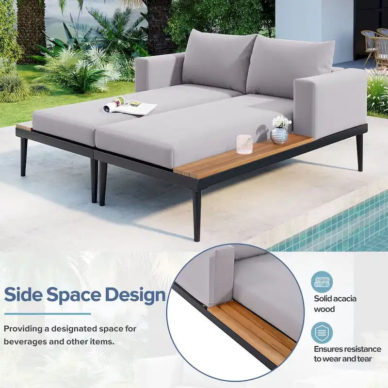 Outdoor Patio Daybed with Acacia Wood Topped Side Spaces, 2-in-1 Design, Adjustable Leg Supports, and Washable Cushions