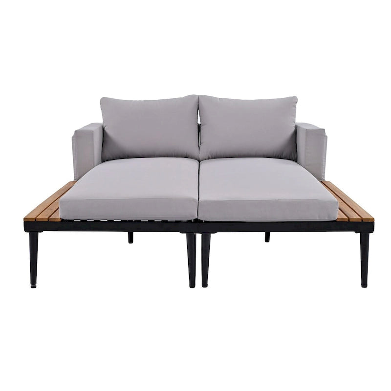 Outdoor Patio Daybed with Acacia Wood Topped Side Spaces, 2-in-1 Design, Adjustable Leg Supports, and Washable Cushions