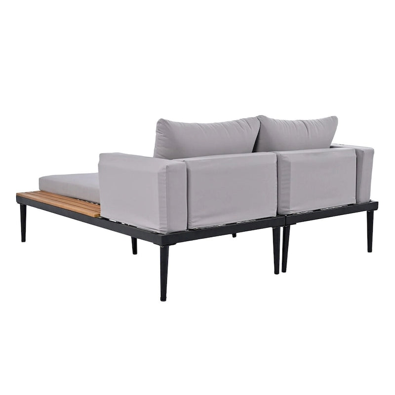 Outdoor Patio Daybed with Acacia Wood Topped Side Spaces, 2-in-1 Design, Adjustable Leg Supports, and Washable Cushions
