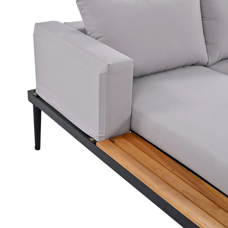 Outdoor Patio Daybed with Acacia Wood Topped Side Spaces, 2-in-1 Design, Adjustable Leg Supports, and Washable Cushions
