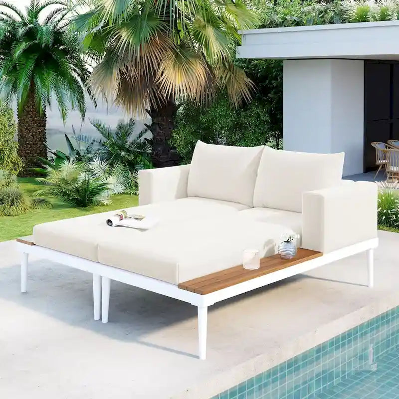 Outdoor Patio Daybed with Acacia Wood Topped Side Spaces, 2-in-1 Design, Adjustable Leg Supports, and Washable Cushions