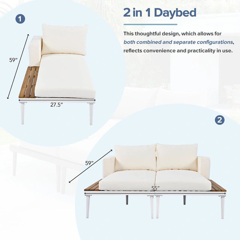 Outdoor Patio Daybed with Acacia Wood Topped Side Spaces, 2-in-1 Design, Adjustable Leg Supports, and Washable Cushions