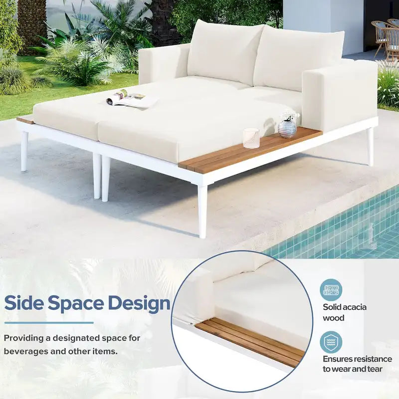 Outdoor Patio Daybed with Acacia Wood Topped Side Spaces, 2-in-1 Design, Adjustable Leg Supports, and Washable Cushions