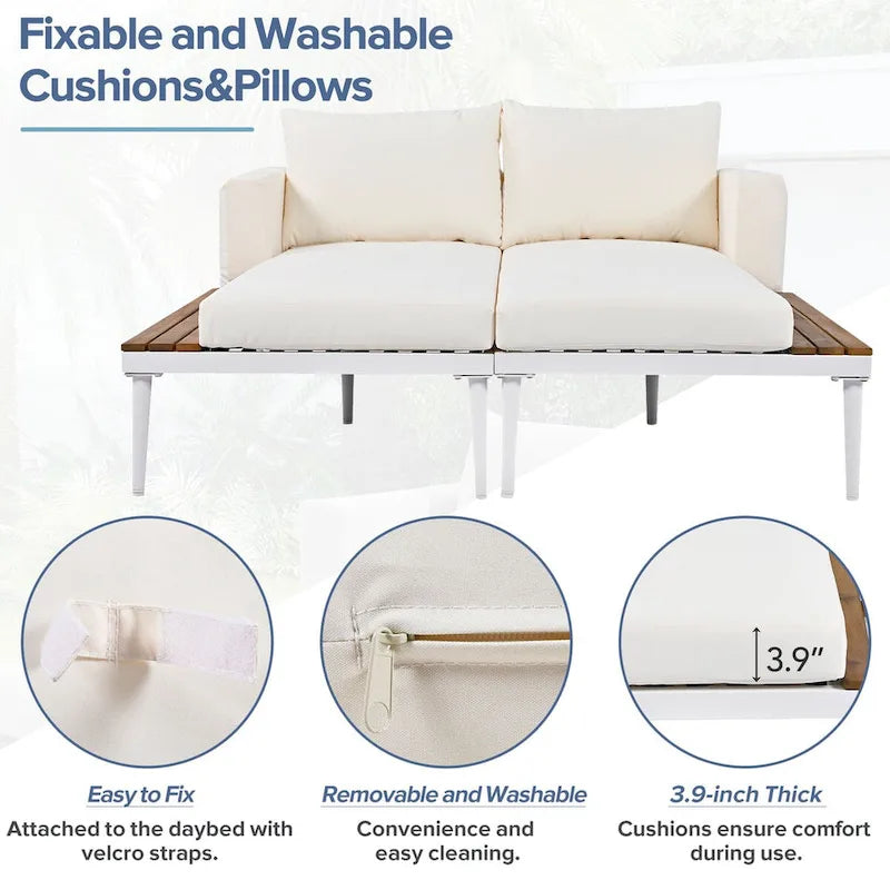Outdoor Patio Daybed with Acacia Wood Topped Side Spaces, 2-in-1 Design, Adjustable Leg Supports, and Washable Cushions
