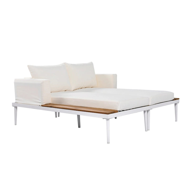 Outdoor Patio Daybed with Acacia Wood Topped Side Spaces, 2-in-1 Design, Adjustable Leg Supports, and Washable Cushions