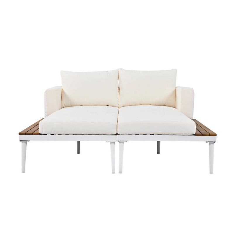 Outdoor Patio Daybed with Acacia Wood Topped Side Spaces, 2-in-1 Design, Adjustable Leg Supports, and Washable Cushions