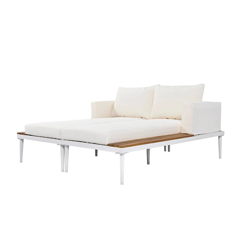 Outdoor Patio Daybed with Acacia Wood Topped Side Spaces, 2-in-1 Design, Adjustable Leg Supports, and Washable Cushions