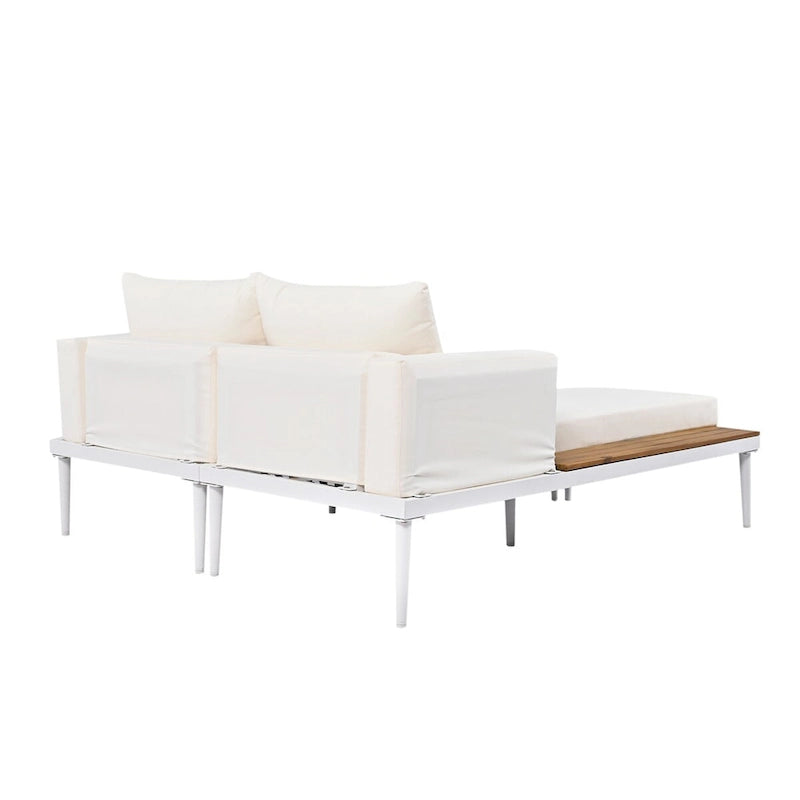 Outdoor Patio Daybed with Acacia Wood Topped Side Spaces, 2-in-1 Design, Adjustable Leg Supports, and Washable Cushions