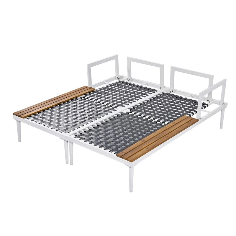 Outdoor Patio Daybed with Acacia Wood Topped Side Spaces, 2-in-1 Design, Adjustable Leg Supports, and Washable Cushions