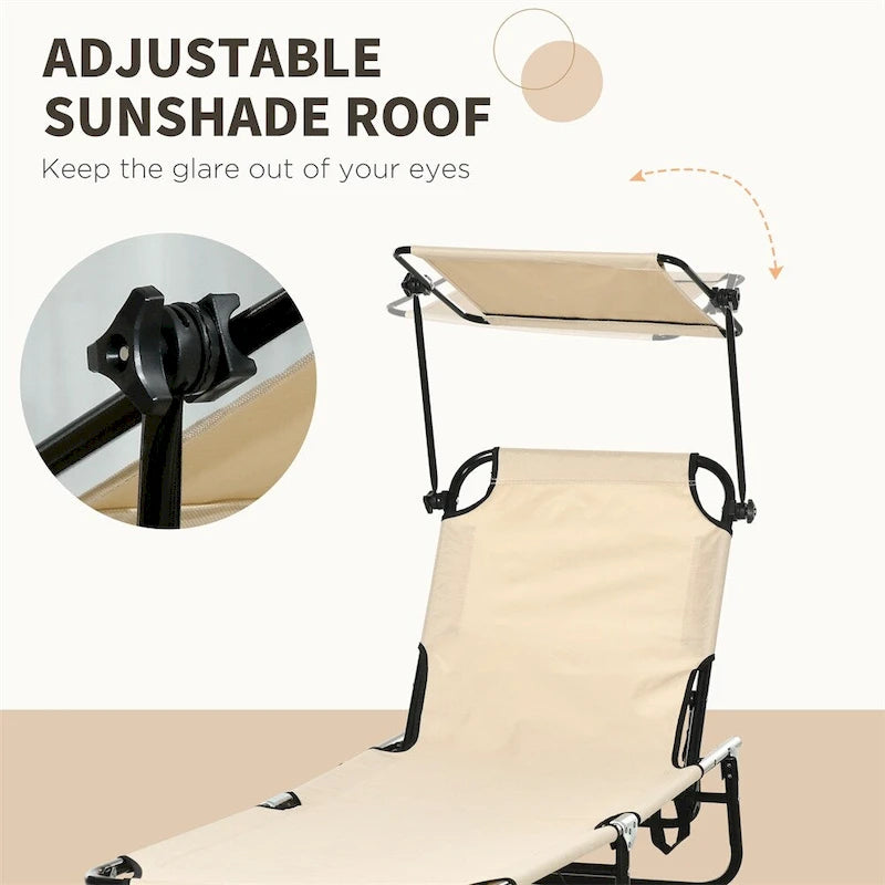2 Piece Steel Frame Folding Chaise Lounge with Canopy Shade and Pocket