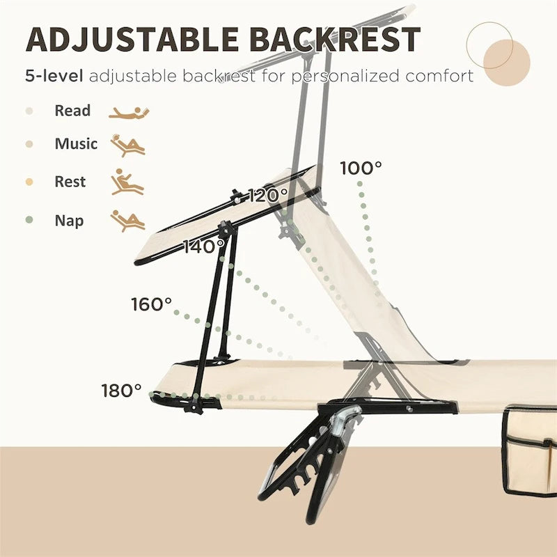 2 Piece Steel Frame Folding Chaise Lounge with Canopy Shade and Pocket