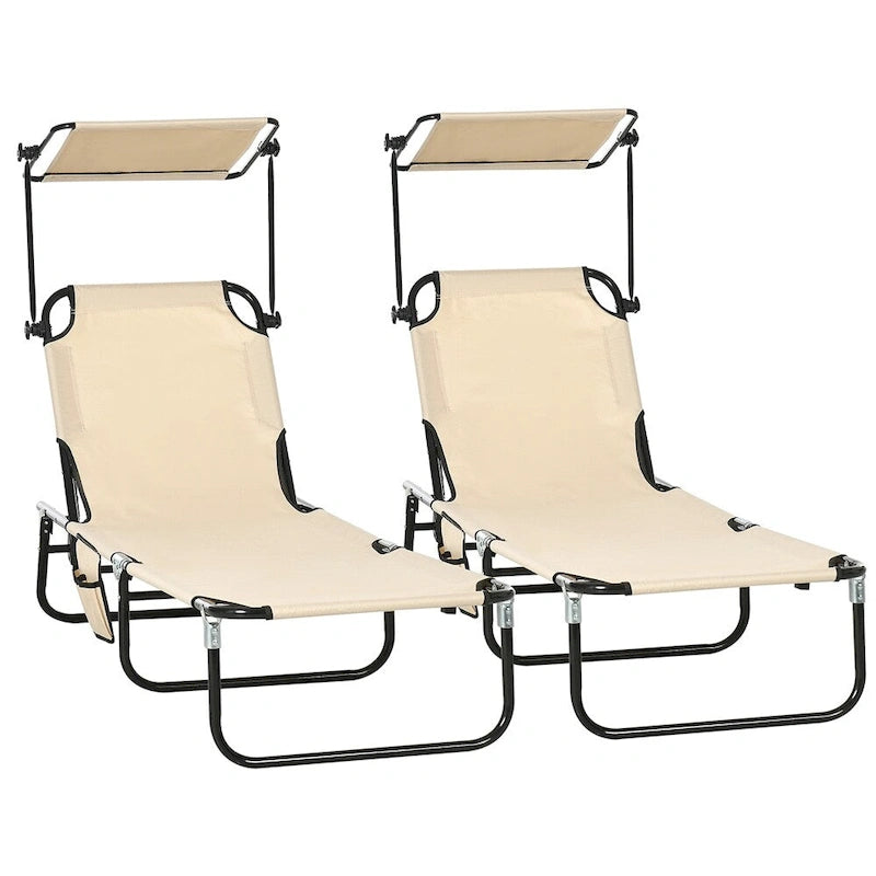 2 Piece Steel Frame Folding Chaise Lounge with Canopy Shade and Pocket