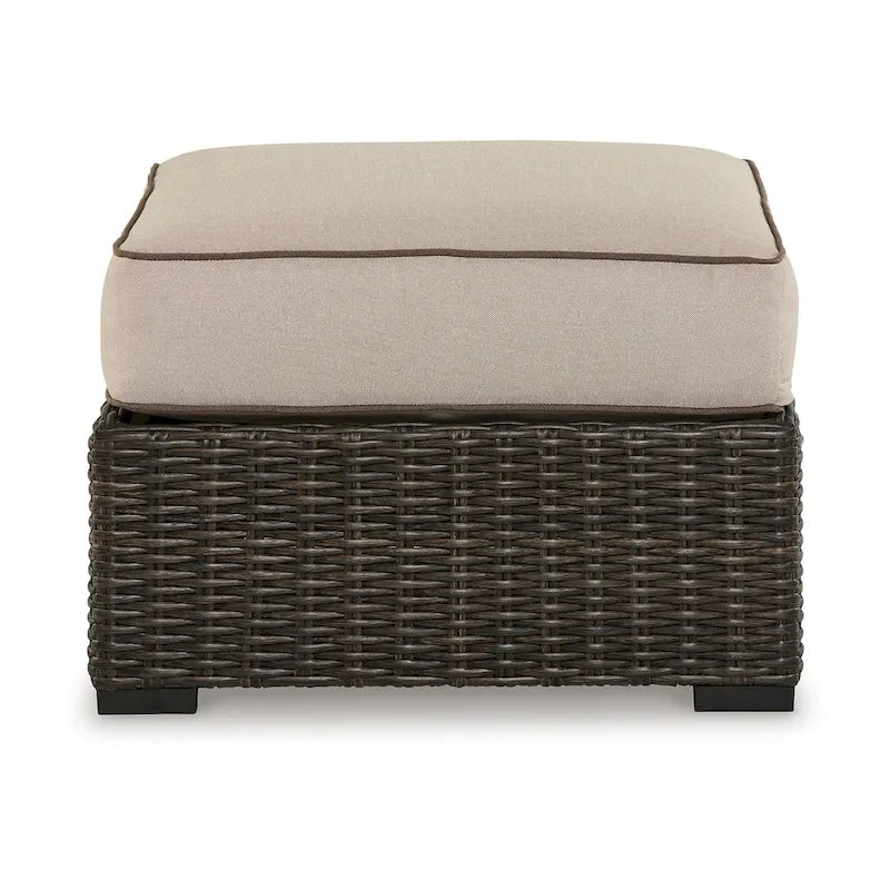 Waga 29 Inch Outdoor Ottoman, Cushioned Seat, Resin Wicker, Brown, Beige