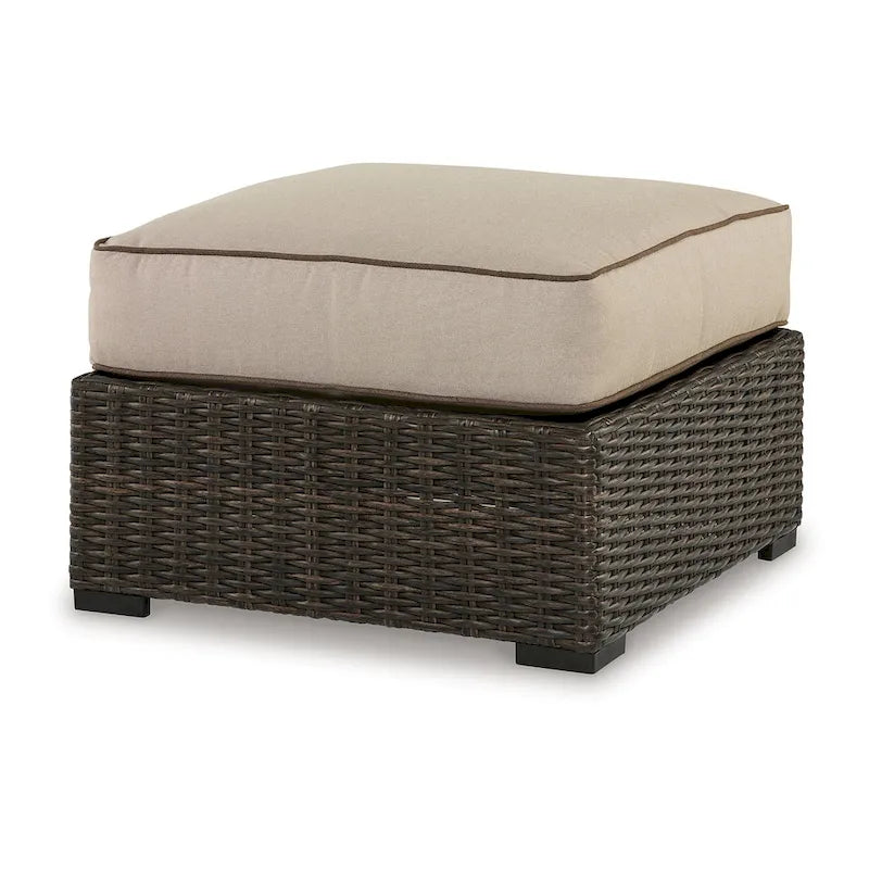 Waga 29 Inch Outdoor Ottoman, Cushioned Seat, Resin Wicker, Brown, Beige