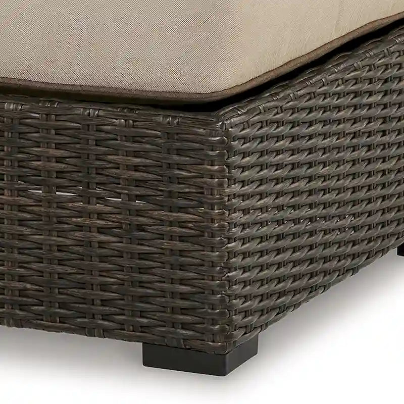 Waga 29 Inch Outdoor Ottoman, Cushioned Seat, Resin Wicker, Brown, Beige