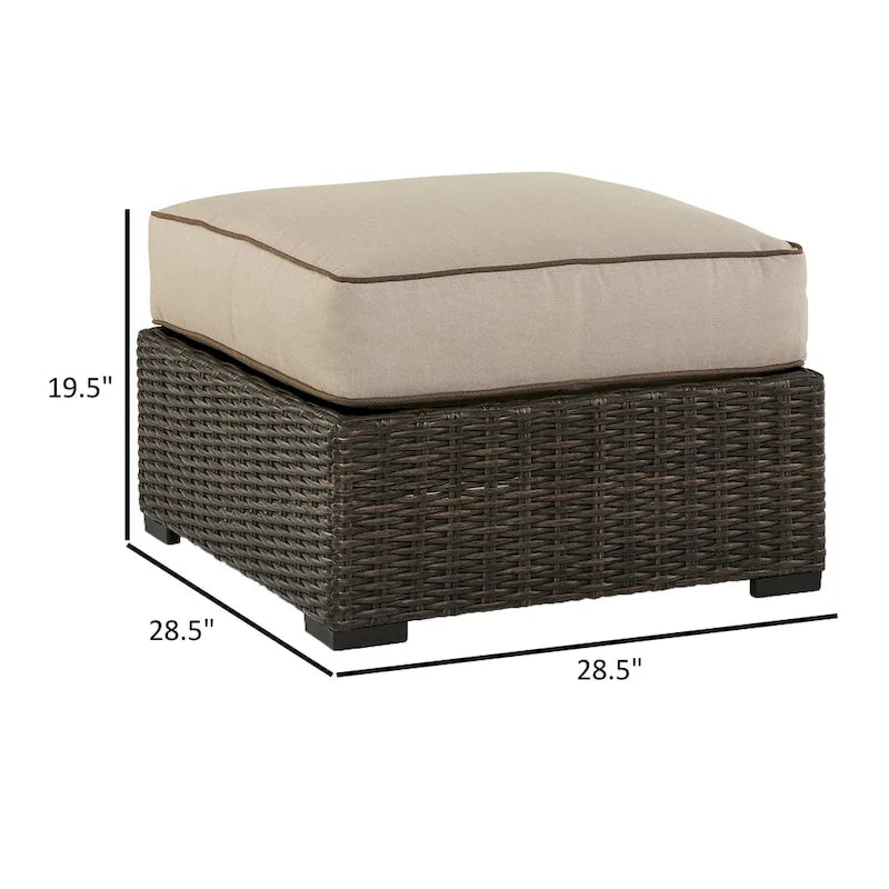 Waga 29 Inch Outdoor Ottoman, Cushioned Seat, Resin Wicker, Brown, Beige