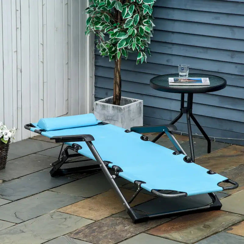 Folding Chaise Lounge Chair for Outside, 2-in-1 Tanning Chair with Pillow & Pocket, Adjustable Pool Chair for Patio