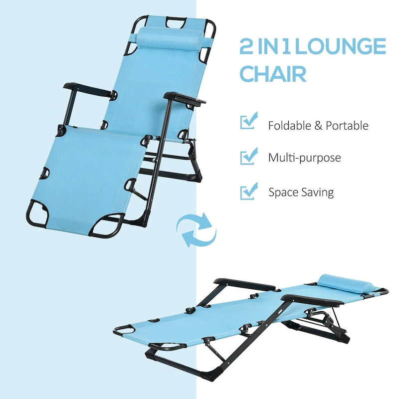 Folding Chaise Lounge Chair for Outside, 2-in-1 Tanning Chair with Pillow & Pocket, Adjustable Pool Chair for Patio