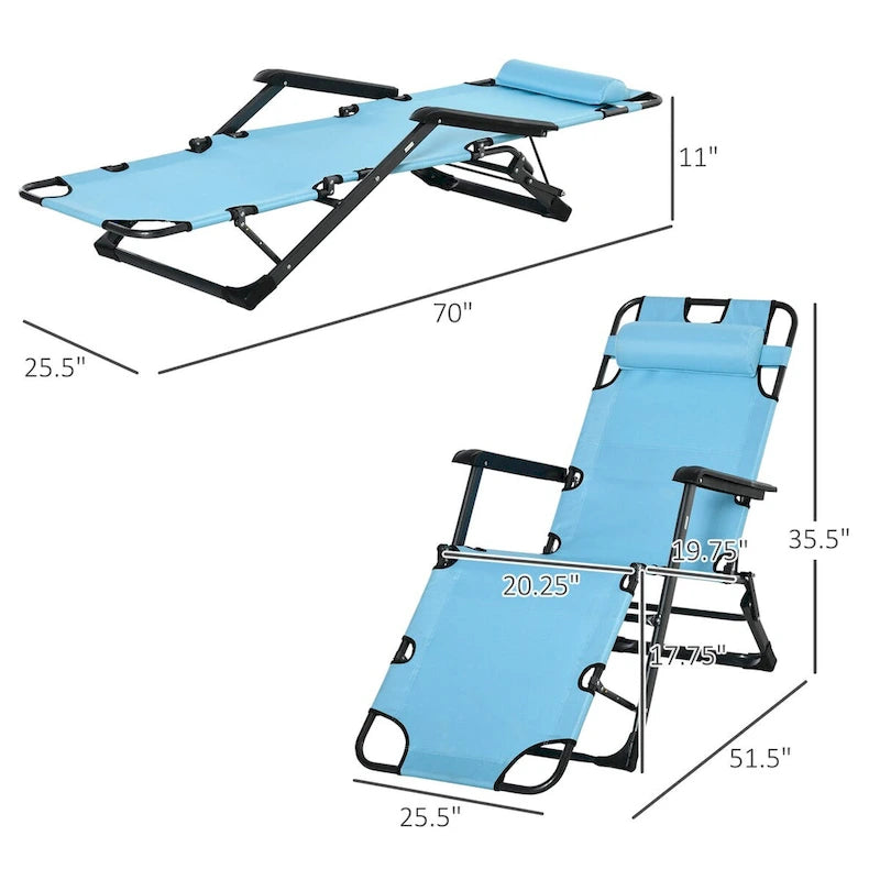 Folding Chaise Lounge Chair for Outside, 2-in-1 Tanning Chair with Pillow & Pocket, Adjustable Pool Chair for Patio