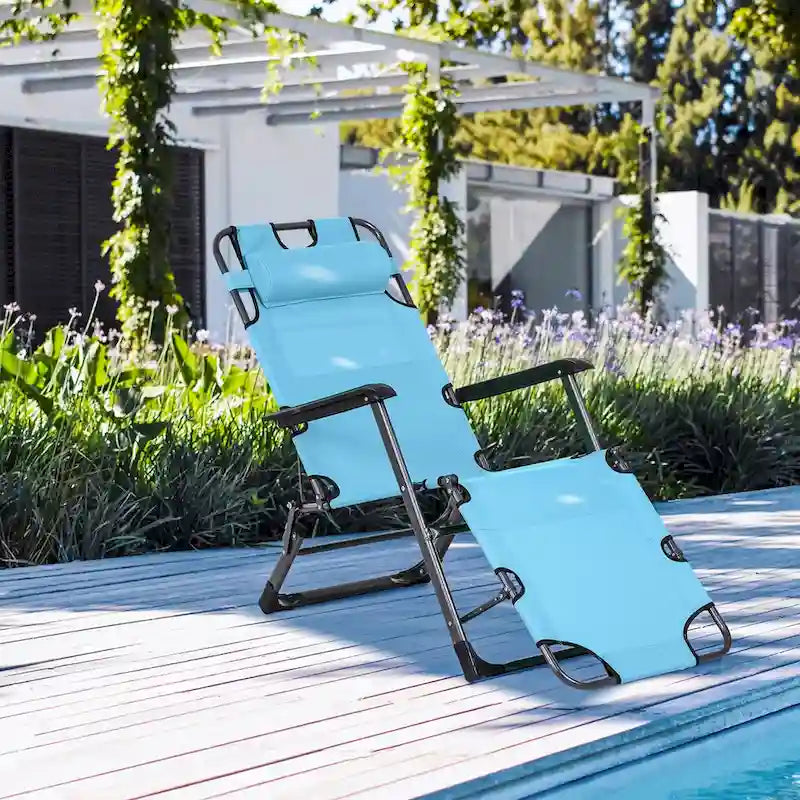 Folding Chaise Lounge Chair for Outside, 2-in-1 Tanning Chair with Pillow & Pocket, Adjustable Pool Chair for Patio
