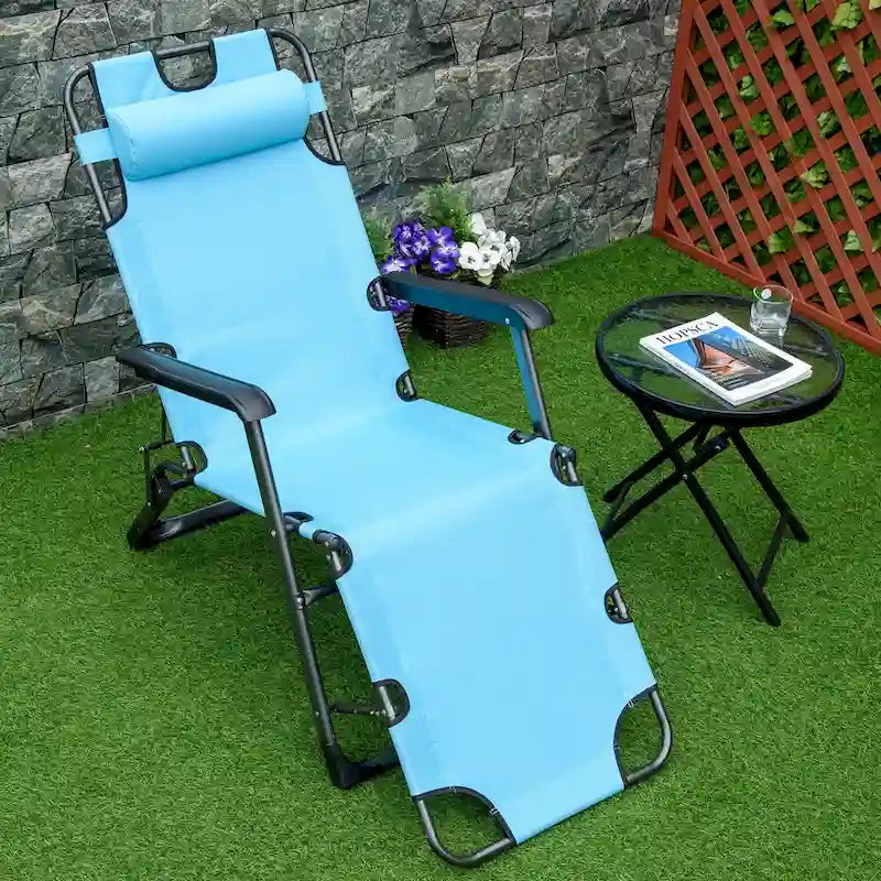 Folding Chaise Lounge Chair for Outside, 2-in-1 Tanning Chair with Pillow & Pocket, Adjustable Pool Chair for Patio