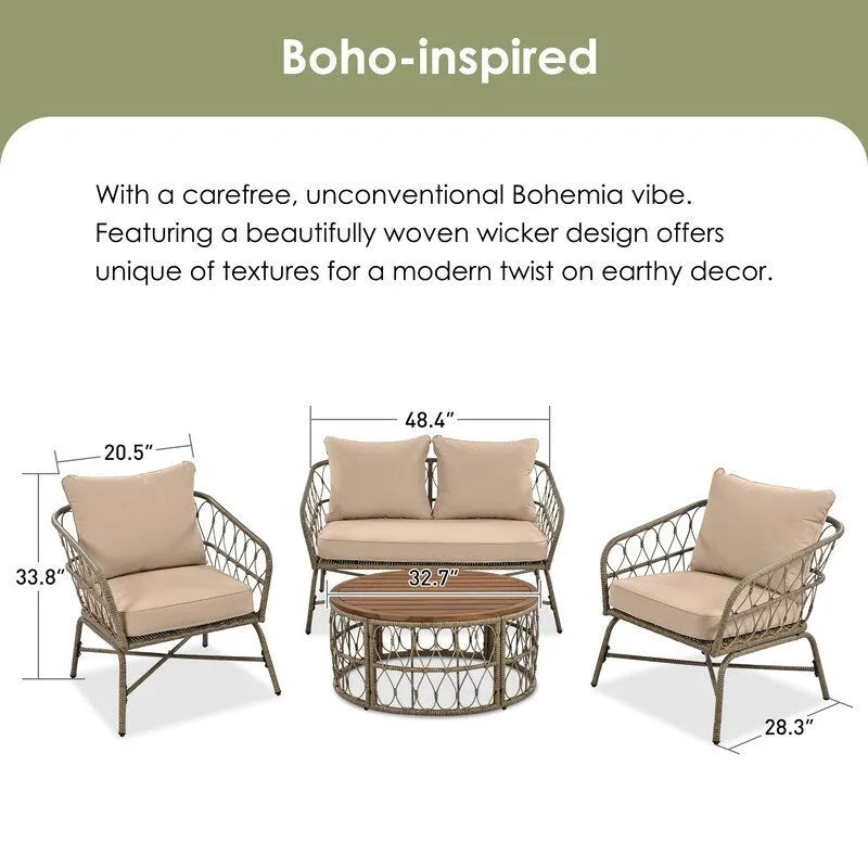 4 Pieces Outdoor Patio Conversation Set W/Removable Cushions,Wood Tabletop