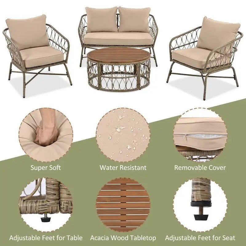 4 Pieces Outdoor Patio Conversation Set W/Removable Cushions,Wood Tabletop