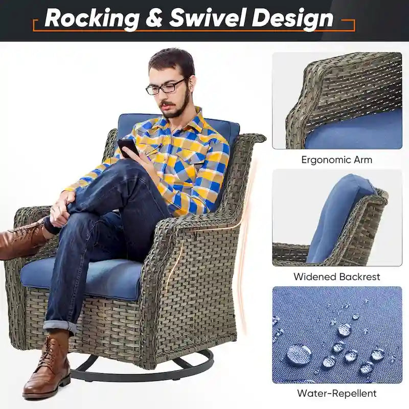 4 Piece Patio Chairs with Ottoman, Swivel Rocking Chairs - Grey