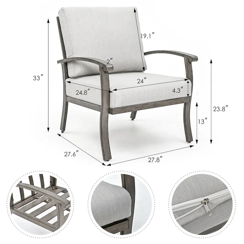 6-Piece Aluminum Patio Conversation Set with Coffee Table, Loveseat, Ottoman and Light Gray Cushions