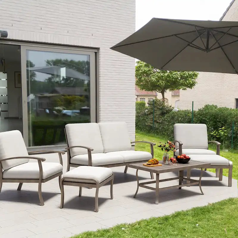 6-Piece Aluminum Patio Conversation Set with Coffee Table, Loveseat, Ottoman and Light Gray Cushions