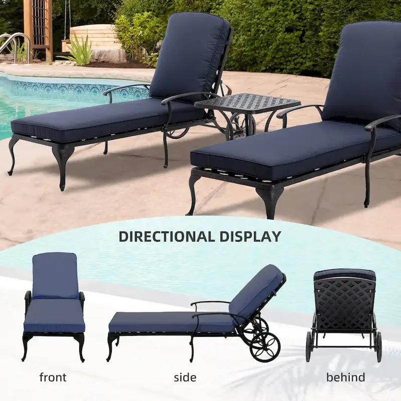 3-Piece Aluminum Reclining Outdoor Chaise Lounge with Cushions and Table